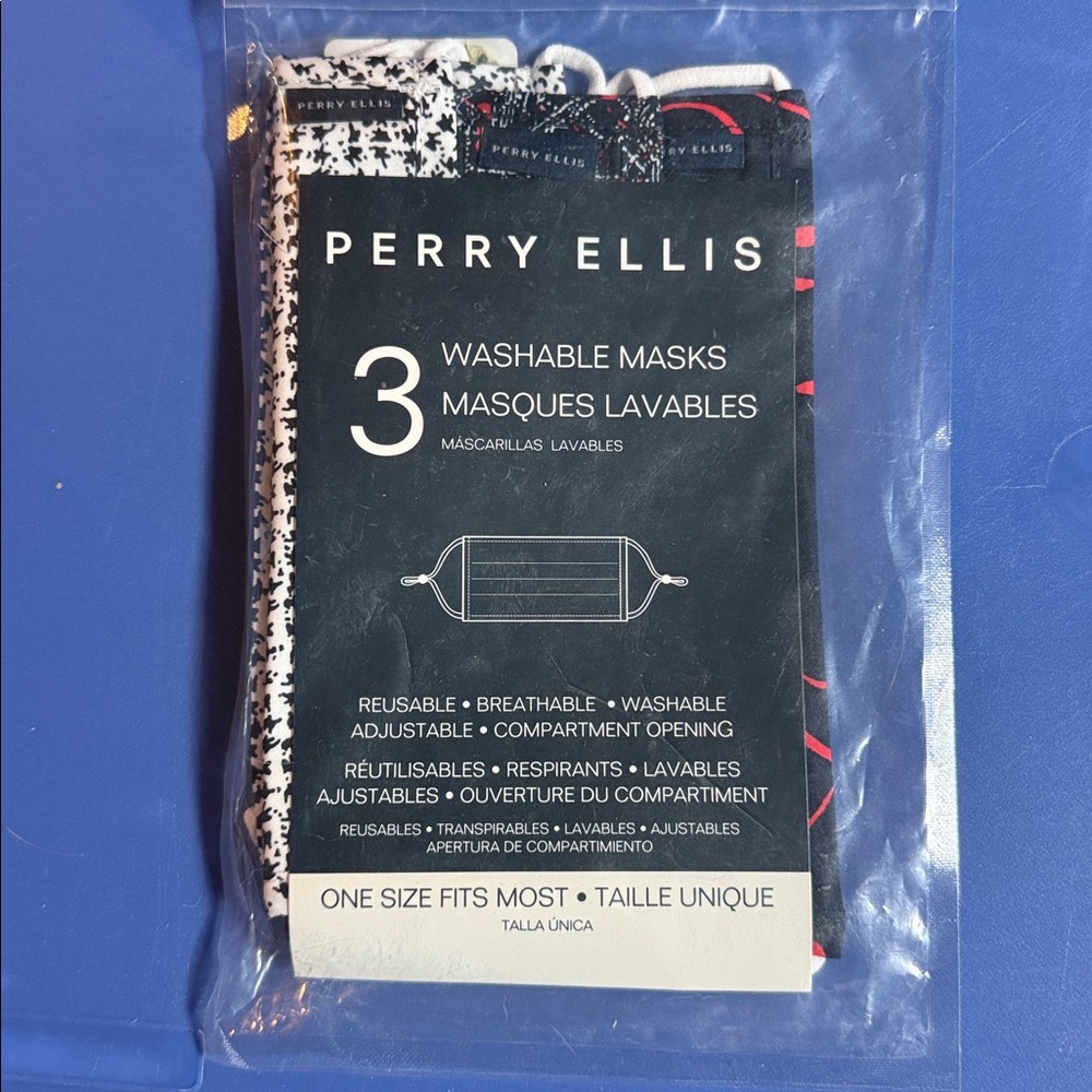 Perry Ellis three pack variety of washable reusable cloth masks blue‎ and white